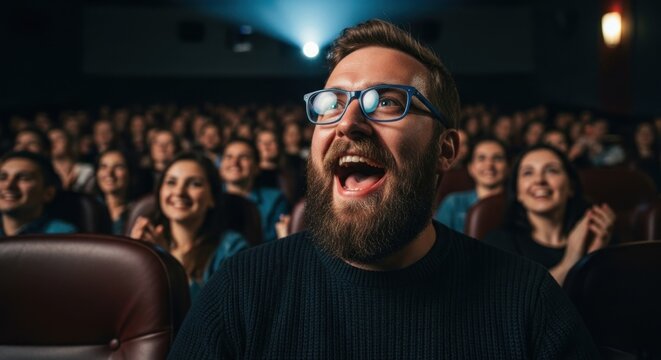 Enthusiastic moviegoer enjoying a film with a captivated audience in theater ambiance