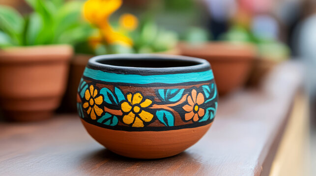 Handcrafted Colorful Pottery Bowl with Floral Design against Blurred Background