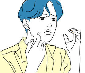 Male character touching face with pimple, skincare illustration