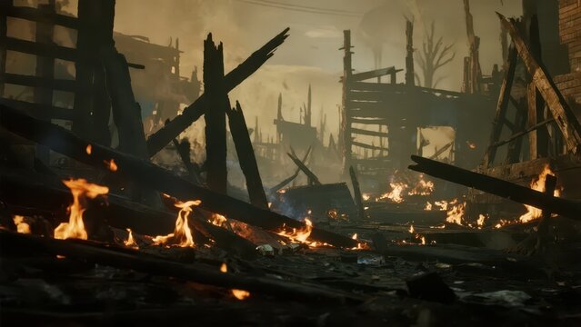 An area destroyed by a fierce fire, with flames still burning among the broken walls and woods, and thick smoke pervading, fully showing the tragedy and destruction after the fire.