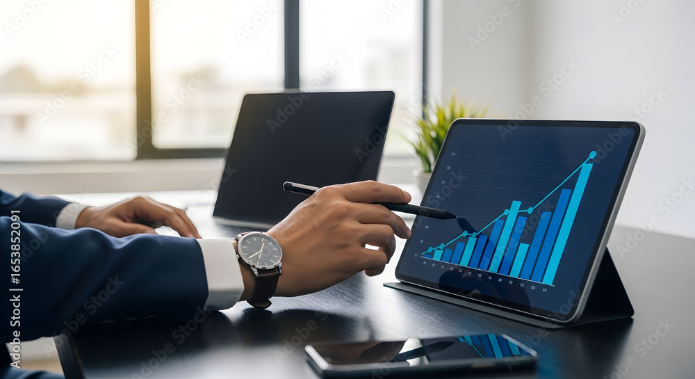 Poster business people analyzing financial data on tablet and laptop computers, reviewing graphs and charts