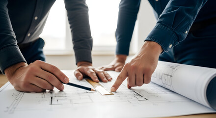 Team of professionals collaborating over architectural blueprints, focused on planning and strategy for a new project, fostering teamwork and expertise.