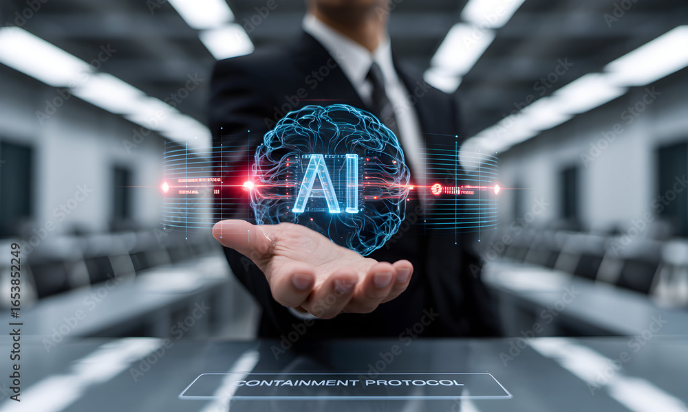 Poster person holding a glowing digital sphere with the letters ai, representing artificial intelligence an
