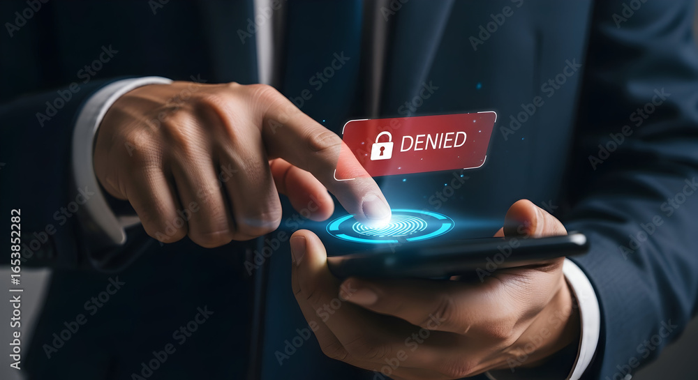 Poster close-up of a person's hand activating a glowing fingerprint security system on a mobile device with