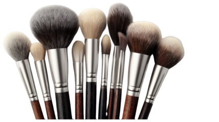 Variety of professional cosmetic brushes featuring soft multi-toned bristles and textured dark wooden handles.