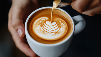 Beautiful Latte Art in Coffee Cup with Skilled Barista Hand Creating Milk Design