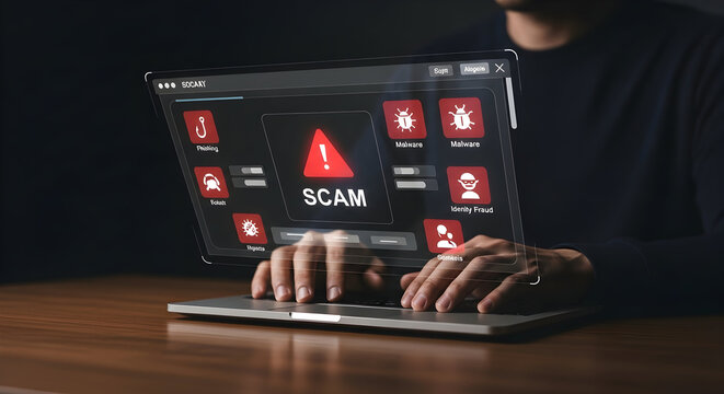 Person viewing scam alert on laptop screen, concept of fraud, cybercrime, phishing, identity theft, online danger, digital security, hacking, illegal activity.