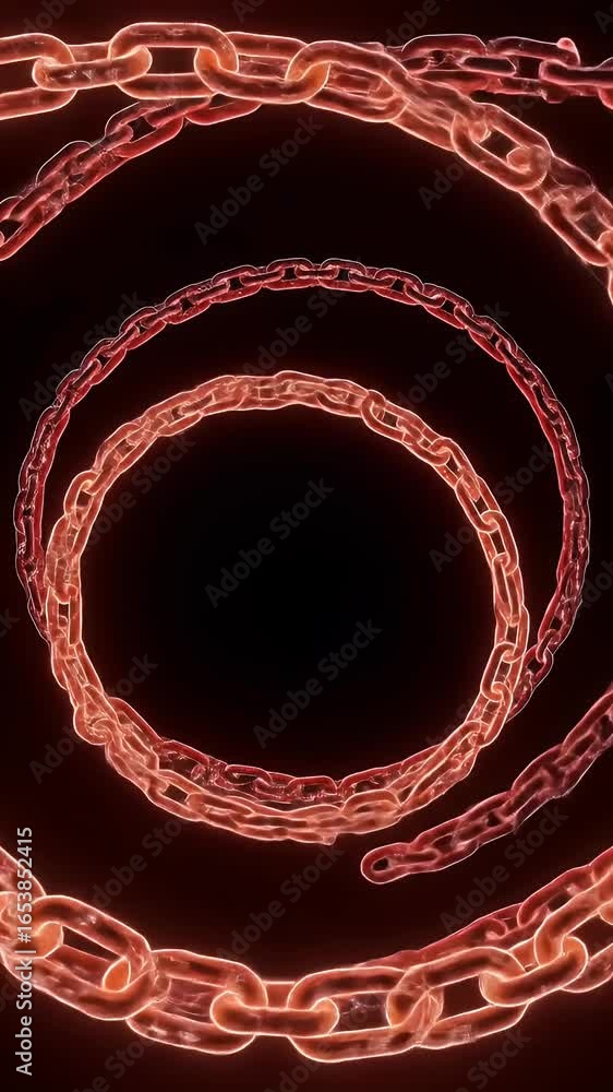 Poster 3d abstract looping animation of red chain spiral against black background