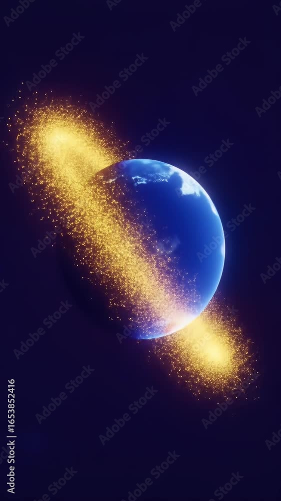 Poster 3d abstract glowing planet with golden particles in cosmic space background