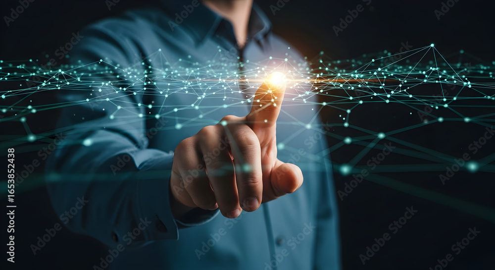 Poster conceptual depiction of human interaction with digital information and network communication, pointi