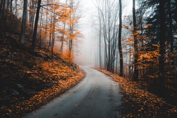 A winding country road through a misty autumn forest, bathed in muted orange and gray tones