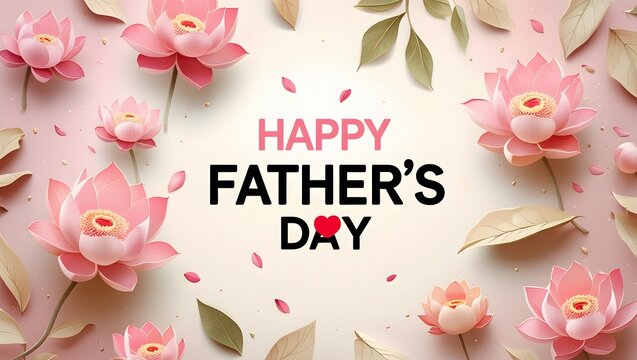 Elegant Happy Father's Day greeting card design with beautiful pink lotus flowers and leaves on a soft pastel background. A lovely floral banner for dad's celebration.