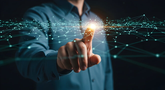 Conceptual depiction of human interaction with digital information and network communication, pointing finger towards a light with a backdrop of data.