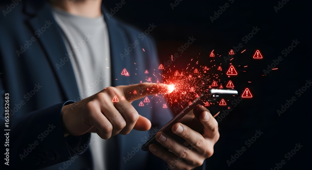 Poster person in business suit using a smartphone, interacting with a digital network of data points and gl