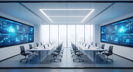 Modern futuristic office interior with large screens displaying data visualizations, showcasing innovative technology and workspace design for a tech company or data center.