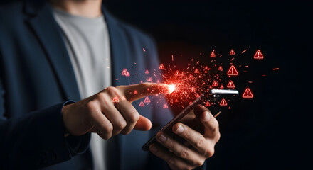 Person in business suit using a smartphone, interacting with a digital network of data points and glowing connections, innovative technology concept.