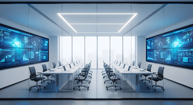 Modern futuristic office interior with large screens displaying data visualizations, showcasing innovative technology and workspace design for a tech company or data center. - Powered by Adobe