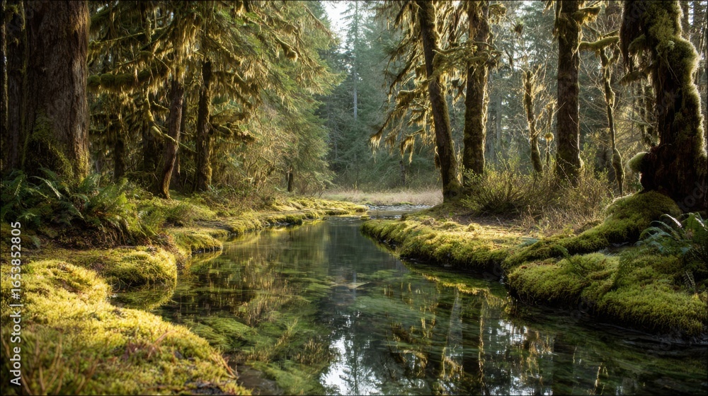 Poster a forest with a stream running through it. the water is clear and the trees are lush and green