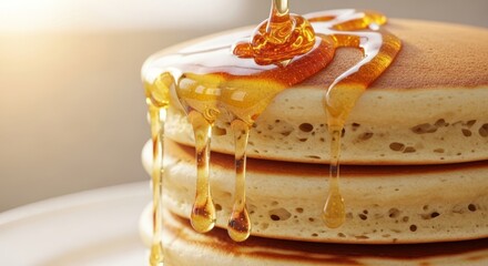 Stack of Golden Pancakes with Pouring Honey or Maple Syrup