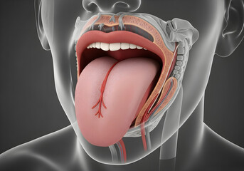 Detailed 3D anatomical view of the human mouth, tongue, and throat structures