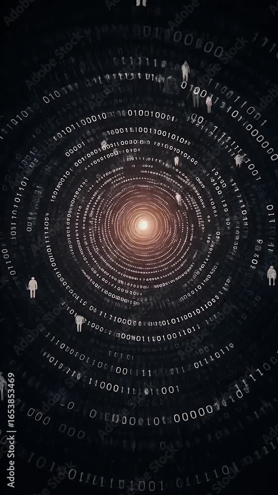Aufkleber 3d abstract tunnel of binary code and silhouette people