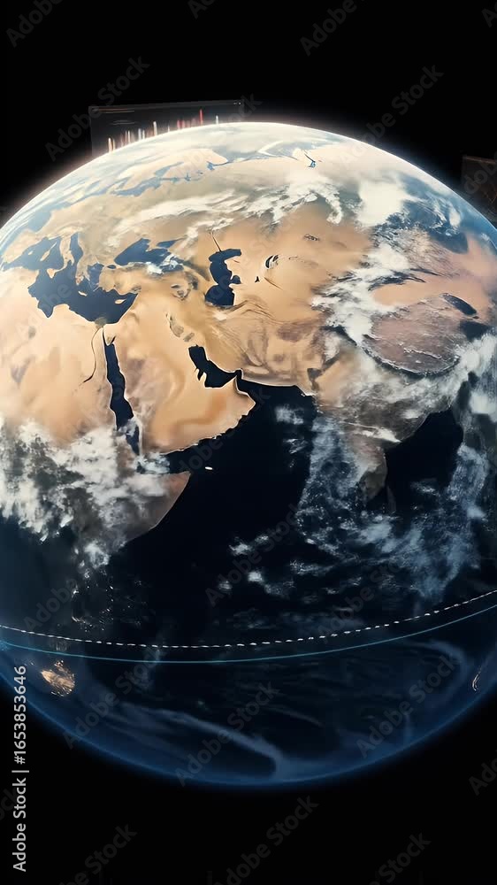 Poster 3d animated earth with data charts and statistics on black background
