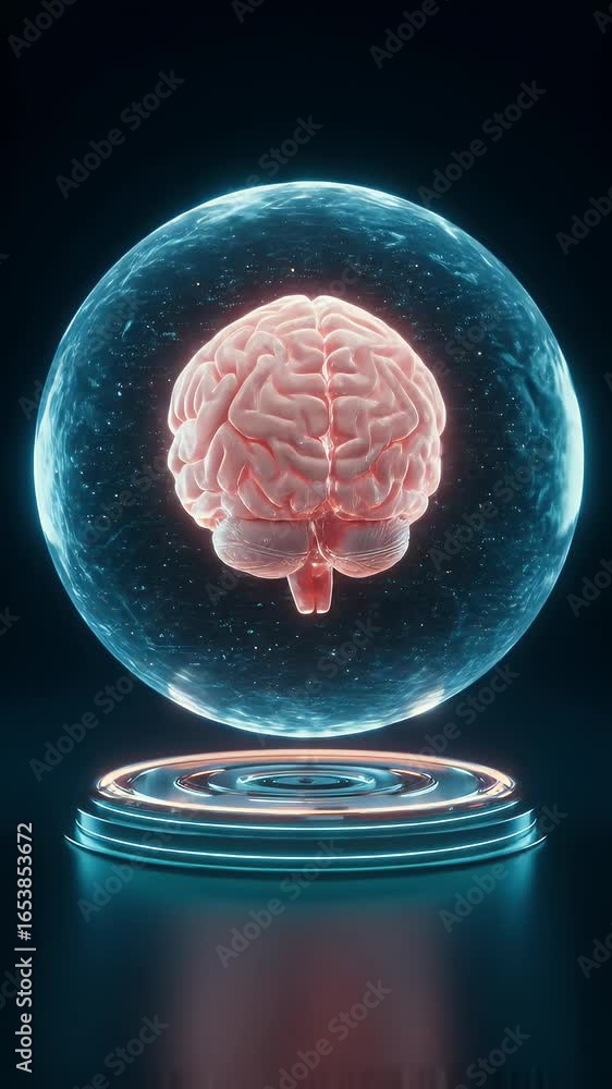 Poster 3d animation digital brain under futuristic force field and platform