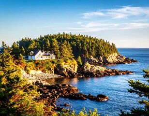 Fototapeta premium Coastal home on a rocky shore at sunset
