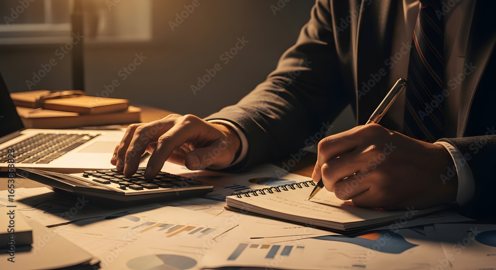 Poster close-up of hands working on laptop, calculator, and notepad, analyzing data and taking notes at nig