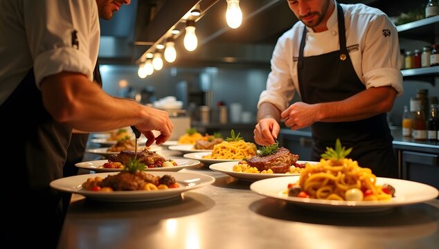 Two male chefs in a professional kitchen are meticulously plating several dishes.