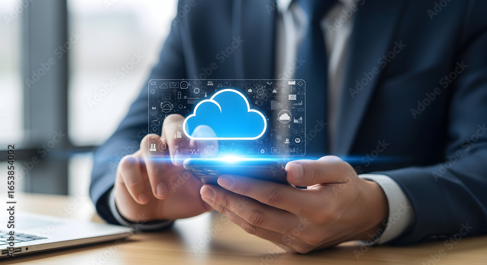 Poster businessman holding mobile device with illuminated cloud symbol, representing digital information an