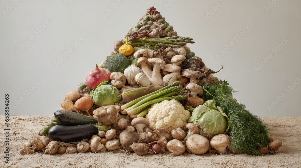 Poster a pile of vegetables is piled on top of each other, creating a pyramid shape. the vegetables include