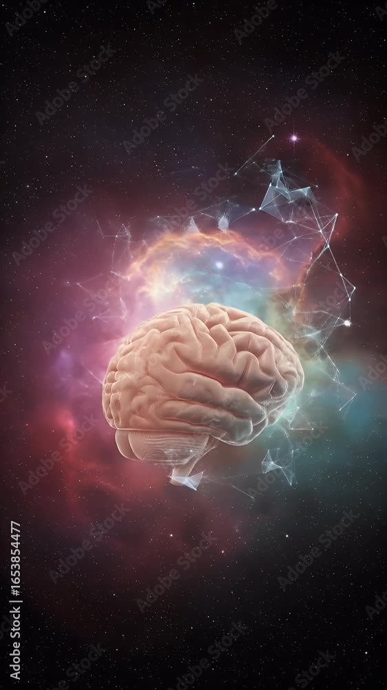 Poster 3d digital brain with neural network connections in cosmic nebula