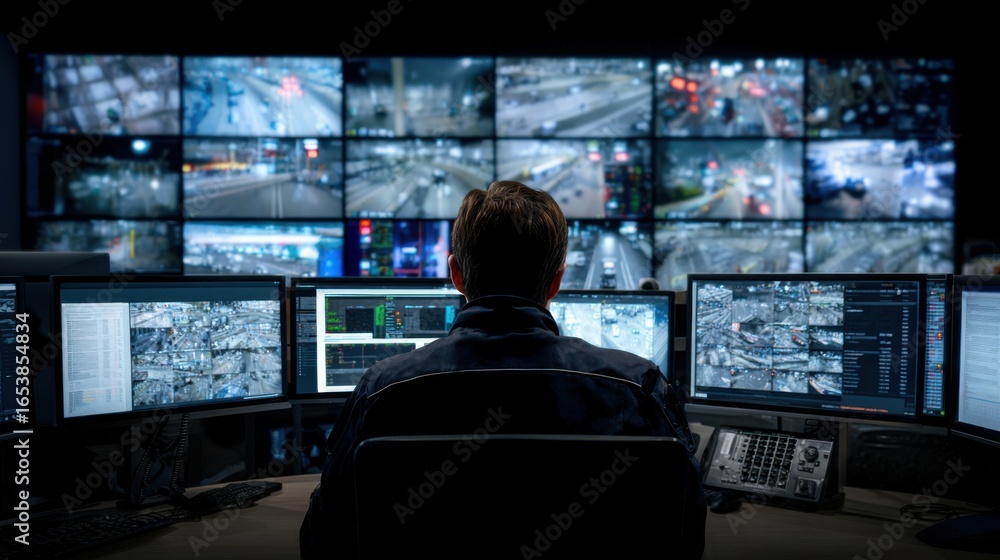 Poster a man is sitting in front of a computer monitor with multiple screens. he is focused on the screens 