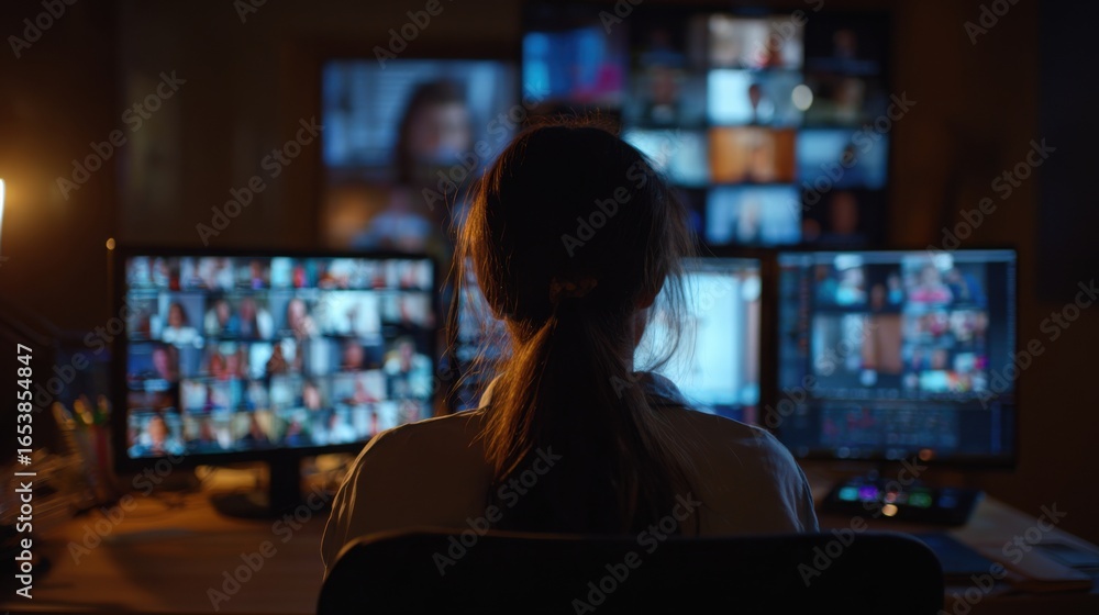 Aufkleber a woman sits in front of a computer monitor with a large number of people on the screen. concept of 