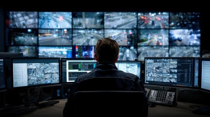 A man is sitting in front of a computer monitor with multiple screens. He is focused on the screens and he is working