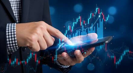 Person's hands using a digital tablet, with data visualizations and financial graphs, concept of online business and technology.