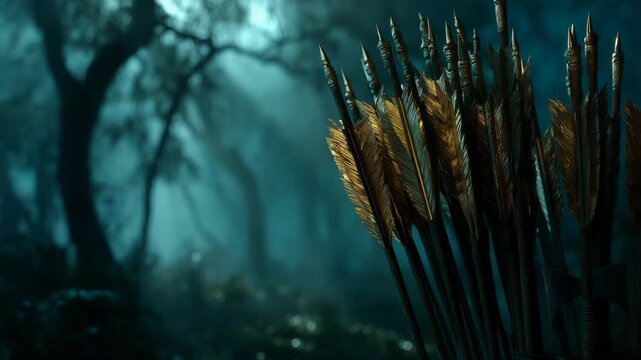 Sharp Arrows Ready in Dark Forest: Medieval Weaponry and Tactical Readiness Displayed