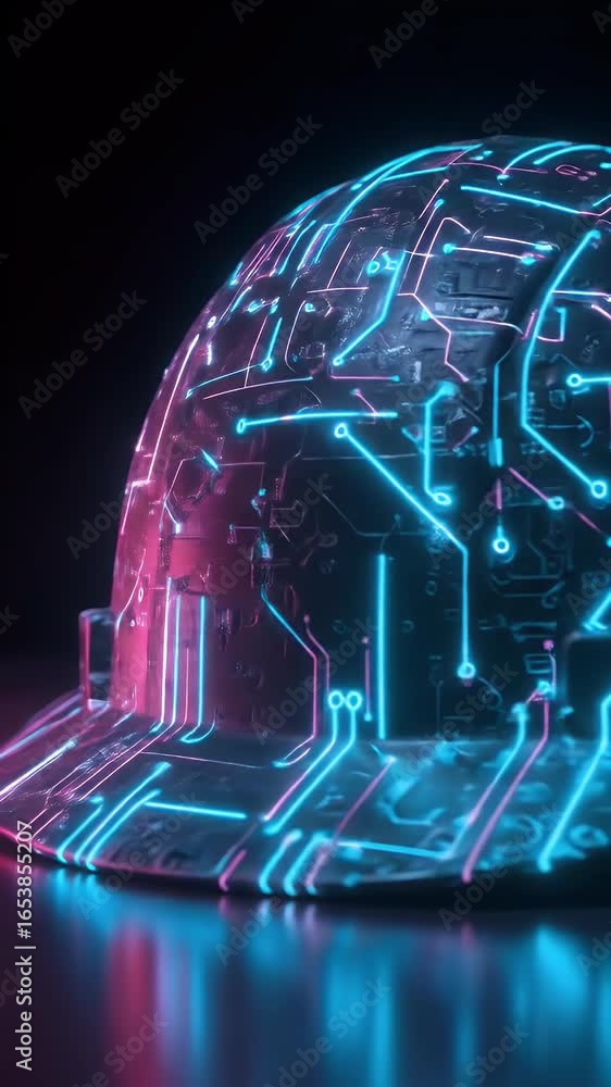 Poster 3d futuristic hard hat 3d rendering with glowing neon circuits