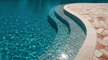 Sparkling turquoise pool water with curved edge stone patio and shallow steps