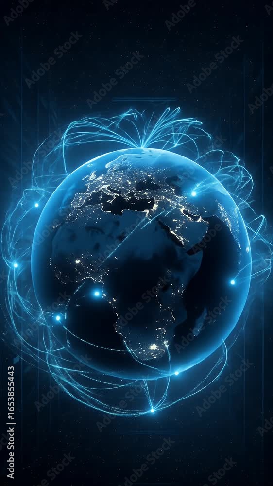 Poster 3d global network animation with international communications and data flow