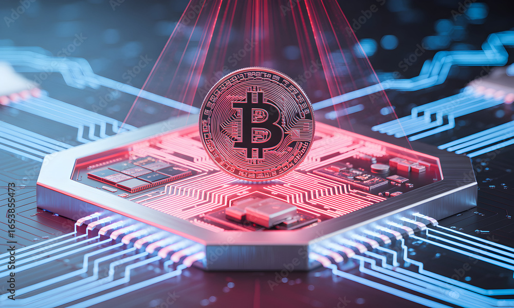 Poster bitcoin cryptocurrency symbol illuminated on a microchip circuit board, symbolizing digital finance 