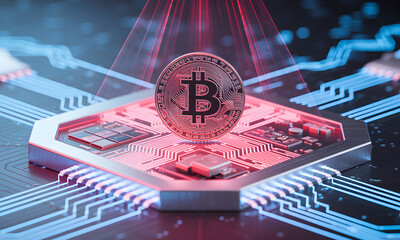 Bitcoin cryptocurrency symbol illuminated on a microchip circuit board, symbolizing digital finance and blockchain technology innovation in a futuristic concept.
