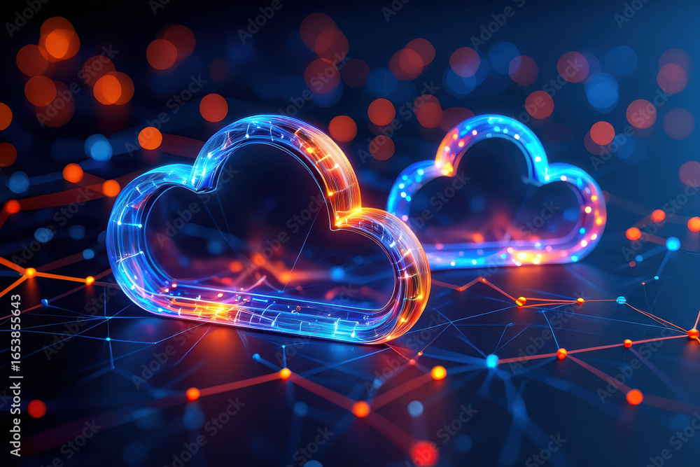 Aufkleber glowing cloud shapes on a dark background with connected dots representing cloud computing network