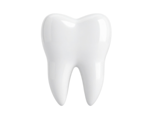 A glossy white tooth with a classic shape, representing dental health and hygiene.