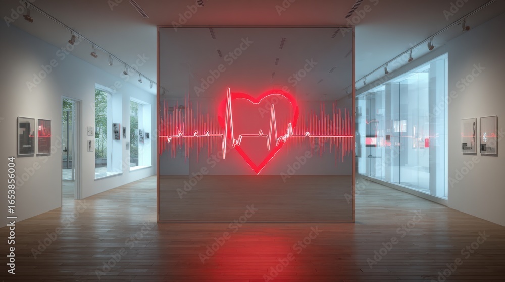 Poster a neon heart is lit up in a white room with a wooden floor. the heart is surrounded by a red line th