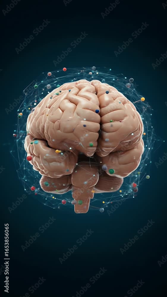Poster 3d illustration of a human brain with neural network connections and data particles