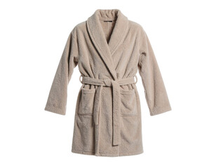 A soft, beige bathrobe featuring a belt and two front pockets, designed for comfort and relaxation.