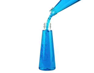 A vivid blue liquid is being poured from a bottle into another bottle, showcasing the fluid's dynamic movement and clarity.