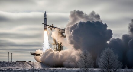Dramatic rocket launch with billowing smoke against a cloudy sky environment view